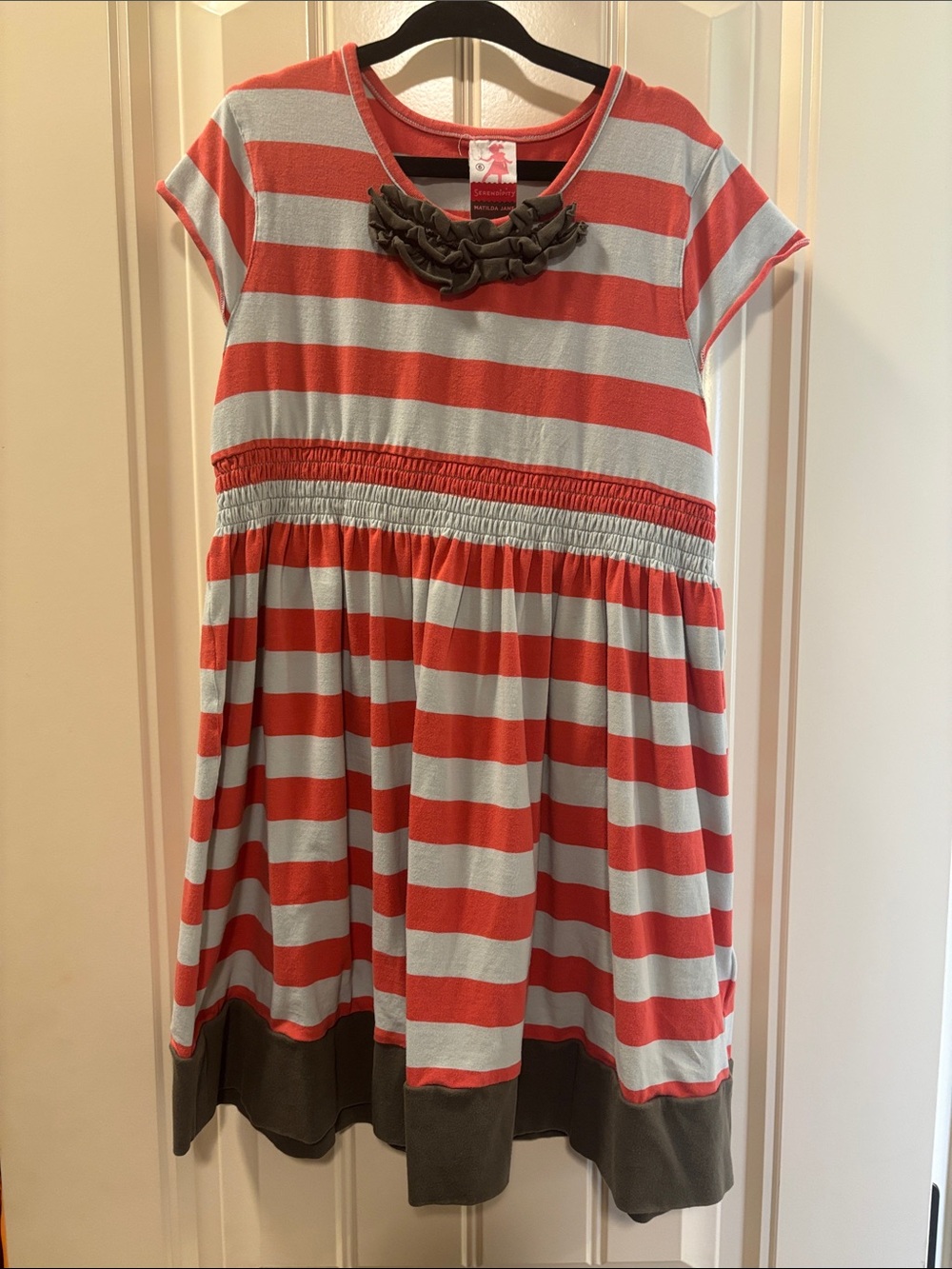Matilda Jane Coral and Light blue Striped Dress with Charcoal Accent